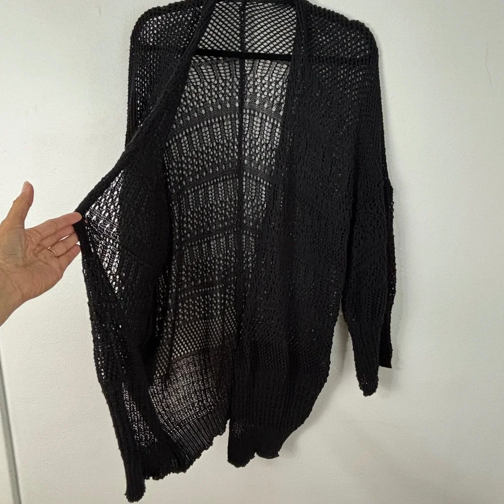 Black Open Knit Netted Cardigan Crochet Oversize Mesh Boho Whimsigoth Sweater OS